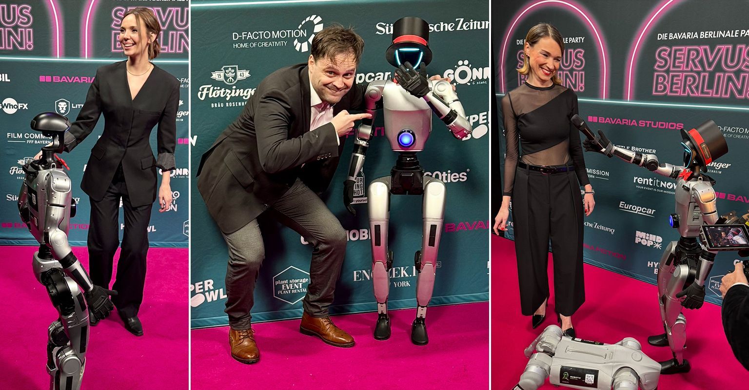 Humanoide Unitree G1 Roboter von TONEART auf dem roten Teppich der Berlinale 2026 im Prince Charles Club Berlin im Blitzlichtgewitter mit internationalen Gästen und Filmstars