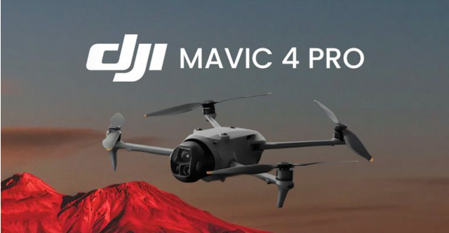 DJI Mavic 4 Pro drone flying over red volcanic mountain at sunset with cinematic background.