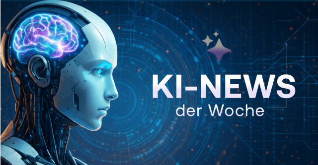 Futuristischer humanoider KI-Roboter mit leuchtenden Schaltmustern und kräftigen Farbkontrasten, daneben der Titel „KI-News der Woche“.
