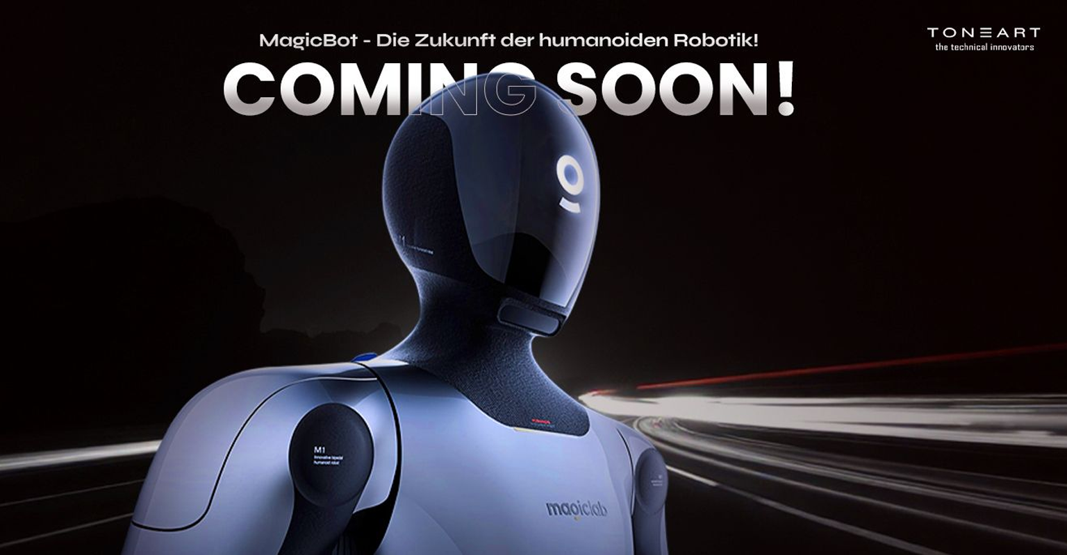 Ankündigung für MagicBot, humanoider Roboter der nächsten Generation mit Coming Soon Hinweis auf dunklem Hintergrund