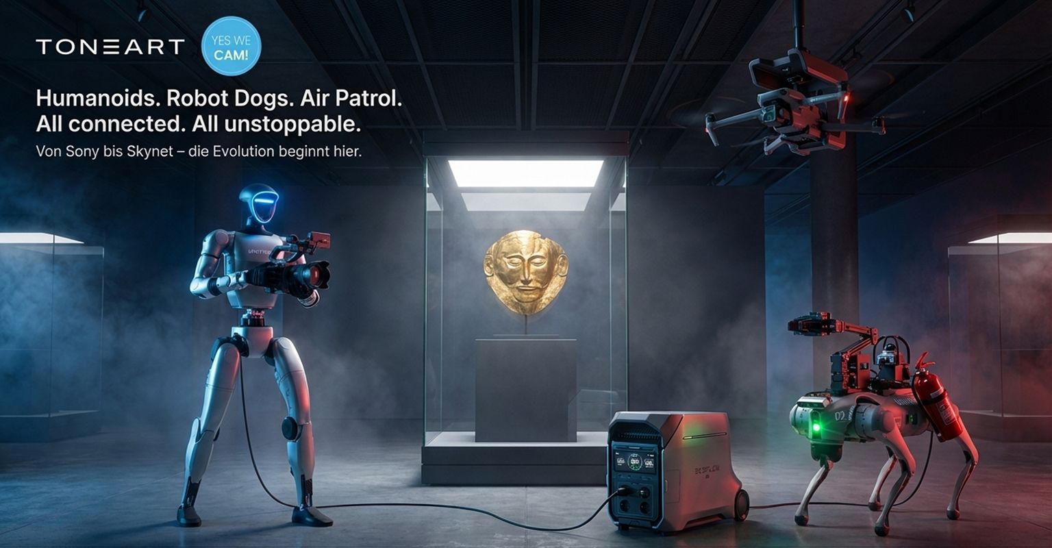 Humanoider Roboter, Robot Dog und Drohne schützen eine goldene Museumsbüste, unterstützt von einer EcoFlow Powerstation – moderne Sicherheitsrobotik im Einsatz gegen Einbrecher.