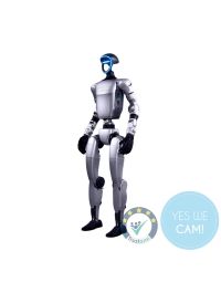 Humanoider Unitree G1 Roboter in aufrechter Position, silber-schwarzes Design, mit leuchtendem blauen Display-Gesicht und detaillierten Gelenken an Armen und Beinen.