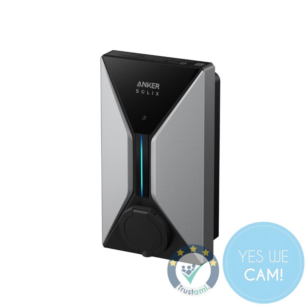 Vorderansicht des Anker SOLIX V1 Ladegeräts mit leuchtender LED-Statusanzeige – modernes Design trifft Funktionalität