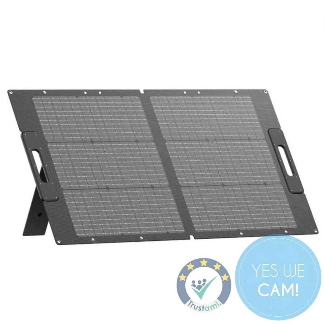 Bluetti PV100 faltbares Solarpanel mit 100 W Leistung in aufgeklappter Frontansicht für mobile Stromversorgung