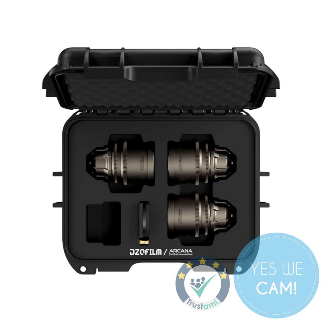 DZOFILM Arcana 3-Lens-Kit 32mm 45mm 75mm T2.1 Full-Frame im offenen Transportcase von vorne