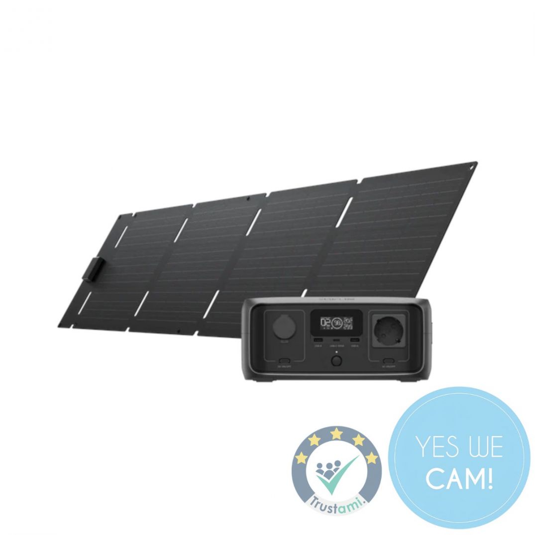 EcoFlow RIVER 3 Solargenerator mit 45W PV-Solarpanel, Powerstation vor seitlich geneigtem Panel