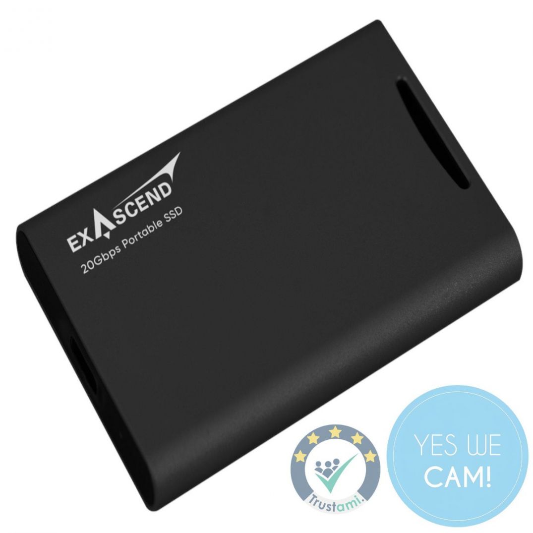 Exascend Element 4TB PSSD portable SSD in Schwarz in schräger Frontansicht