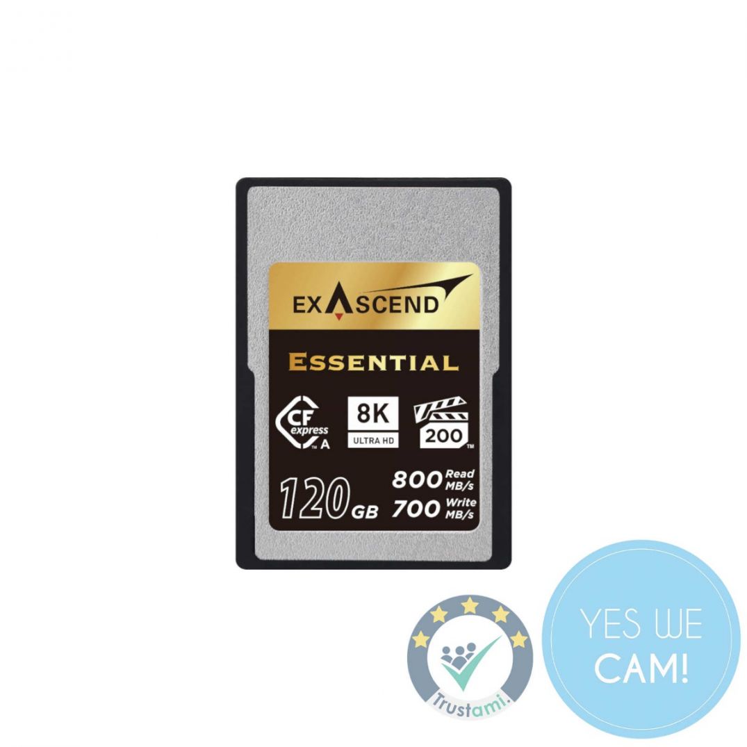 Exascend Essential 120GB CFexpress Type A Speicherkarte in Frontansicht mit gold-schwarzem Label, 8K-Ultra-HD-Symbol, VPG200-Logo sowie Angaben zu 800 MB/s Lesen und 700 MB/s Schreiben.