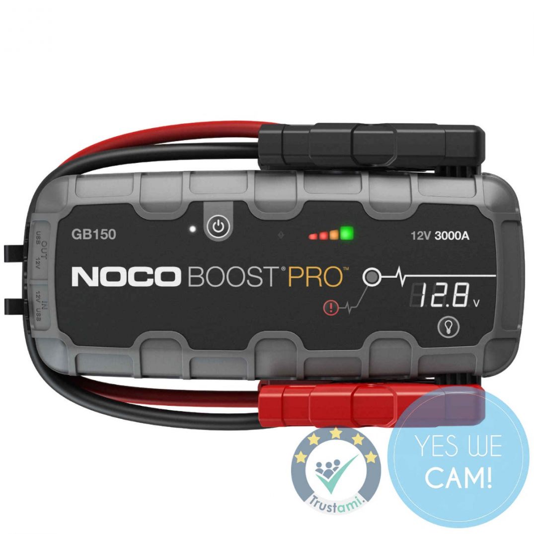 NOCO GB150 Boost Pro 12V 3000A Jump Starter in Frontansicht mit integrierten Starthilfeklemmen und LED-Anzeige