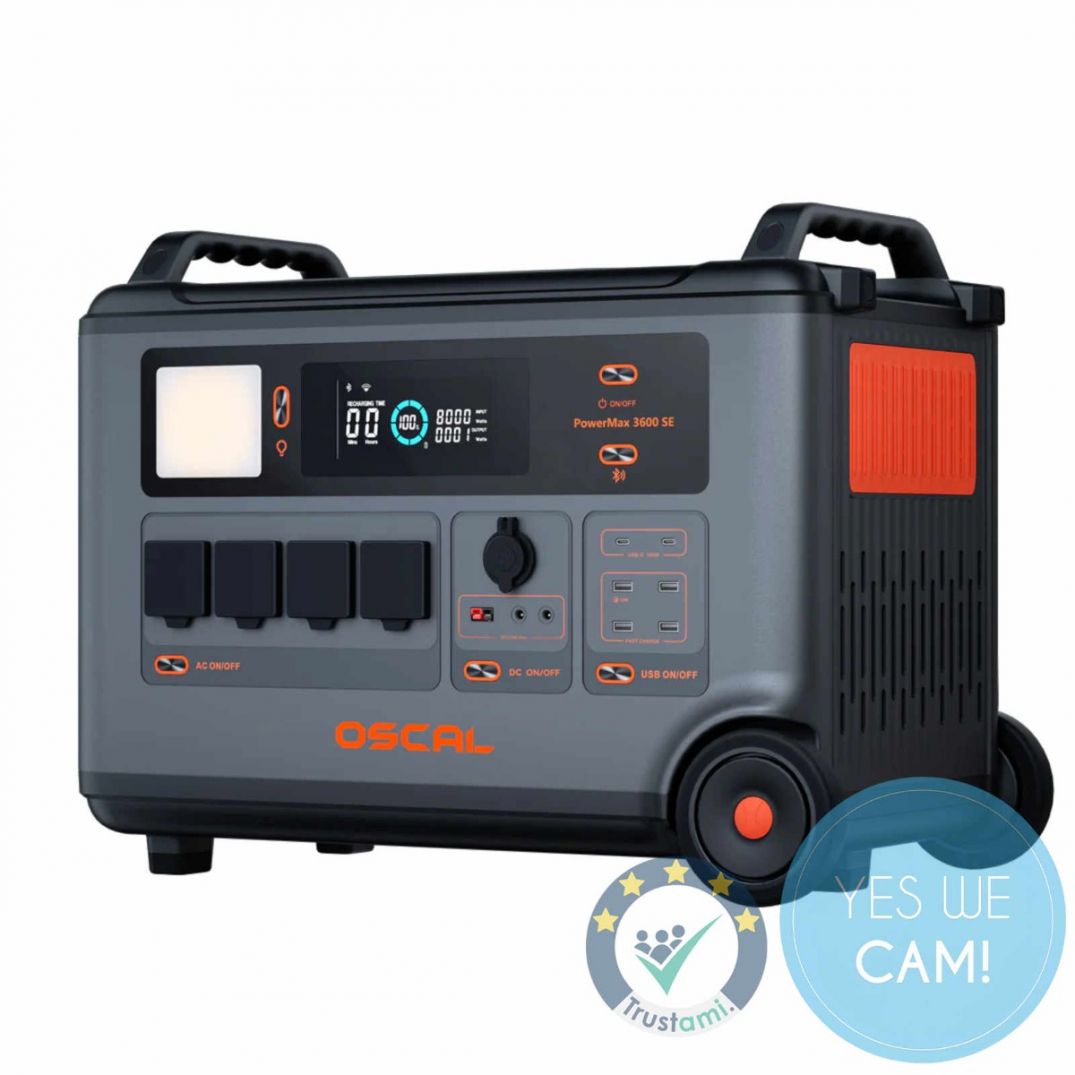 Oscal PowerMax 3600SE tragbare Powerstation mit 3600 Wh Kapazität und 3600 W Ausgangsleistung in der Frontansicht