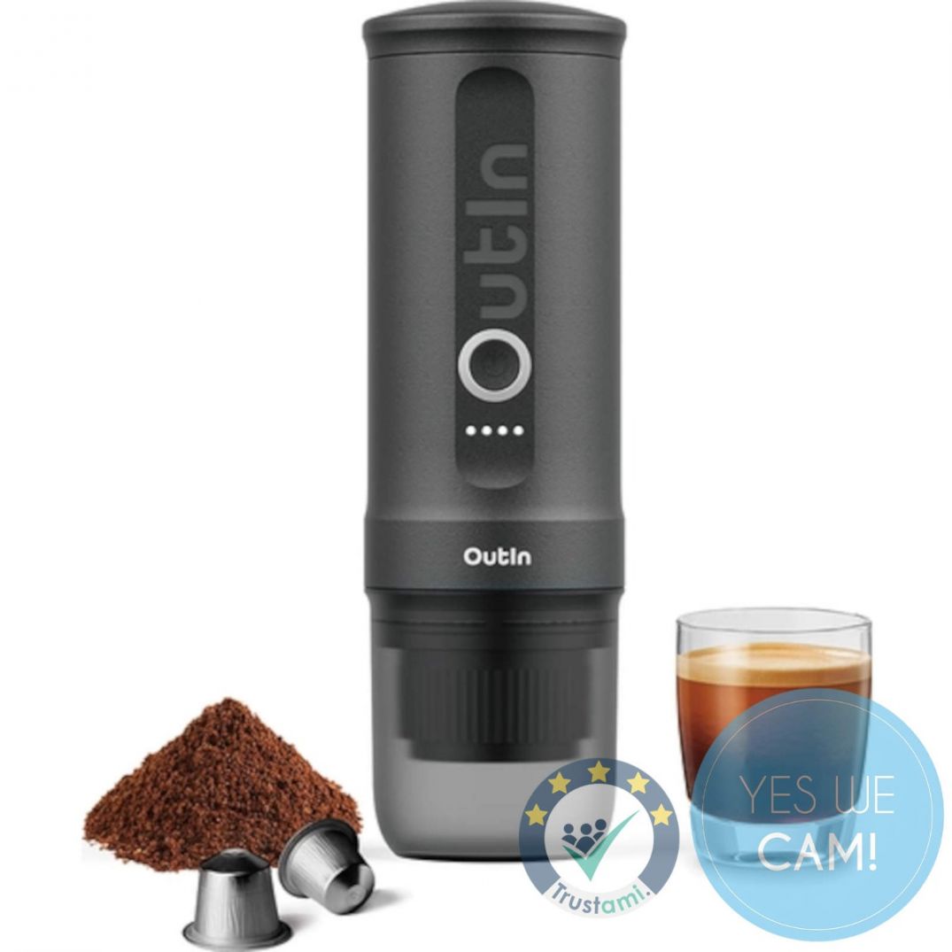 OutIn Nano Space Grey Portable Coffee Machine mit Espresso, Kaffeekapseln und gemahlenem Kaffee