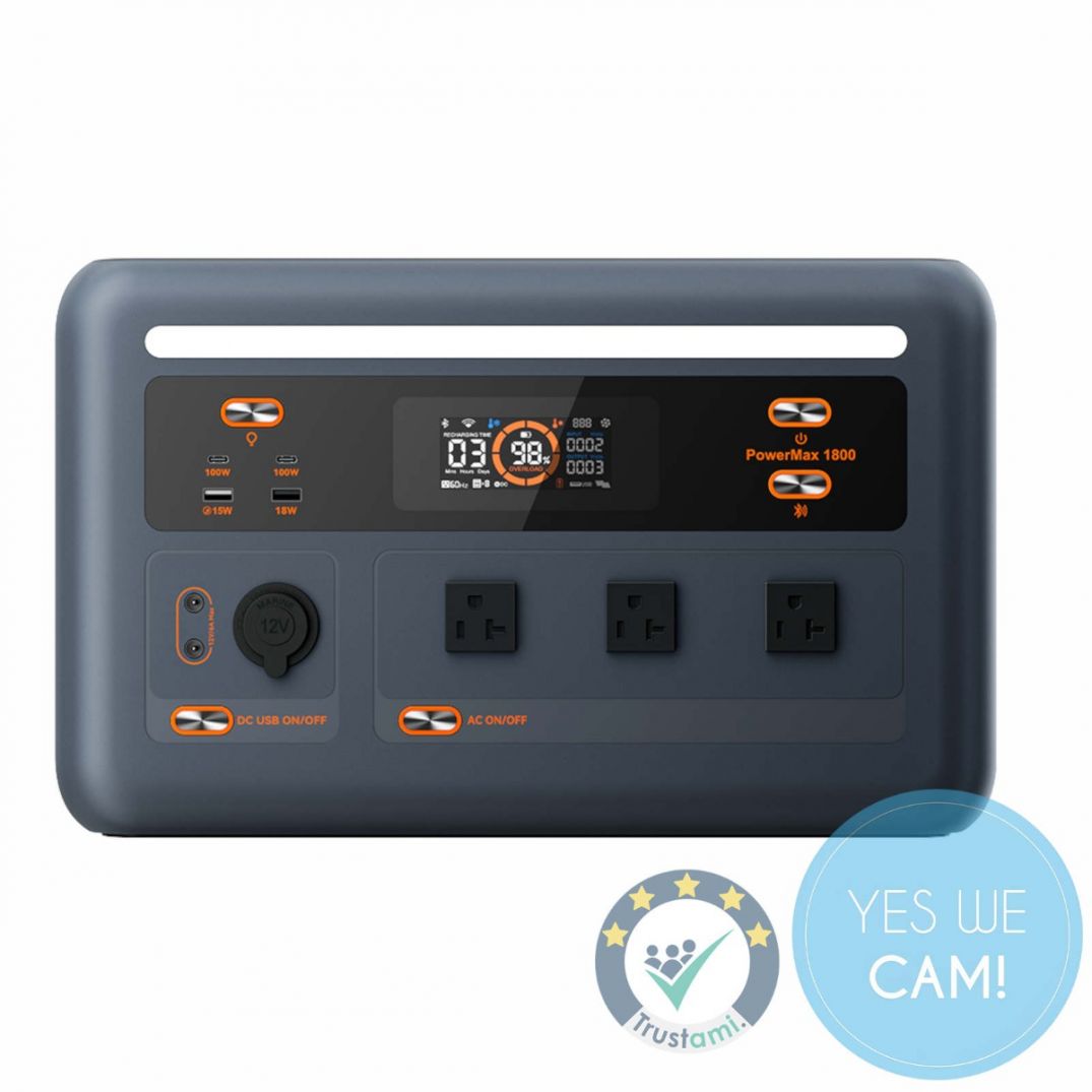 Oscal PowerMax 1800 tragbare Power Station in Frontansicht mit Display, AC-Steckdosen, USB-Ports und 12-V-Anschluss