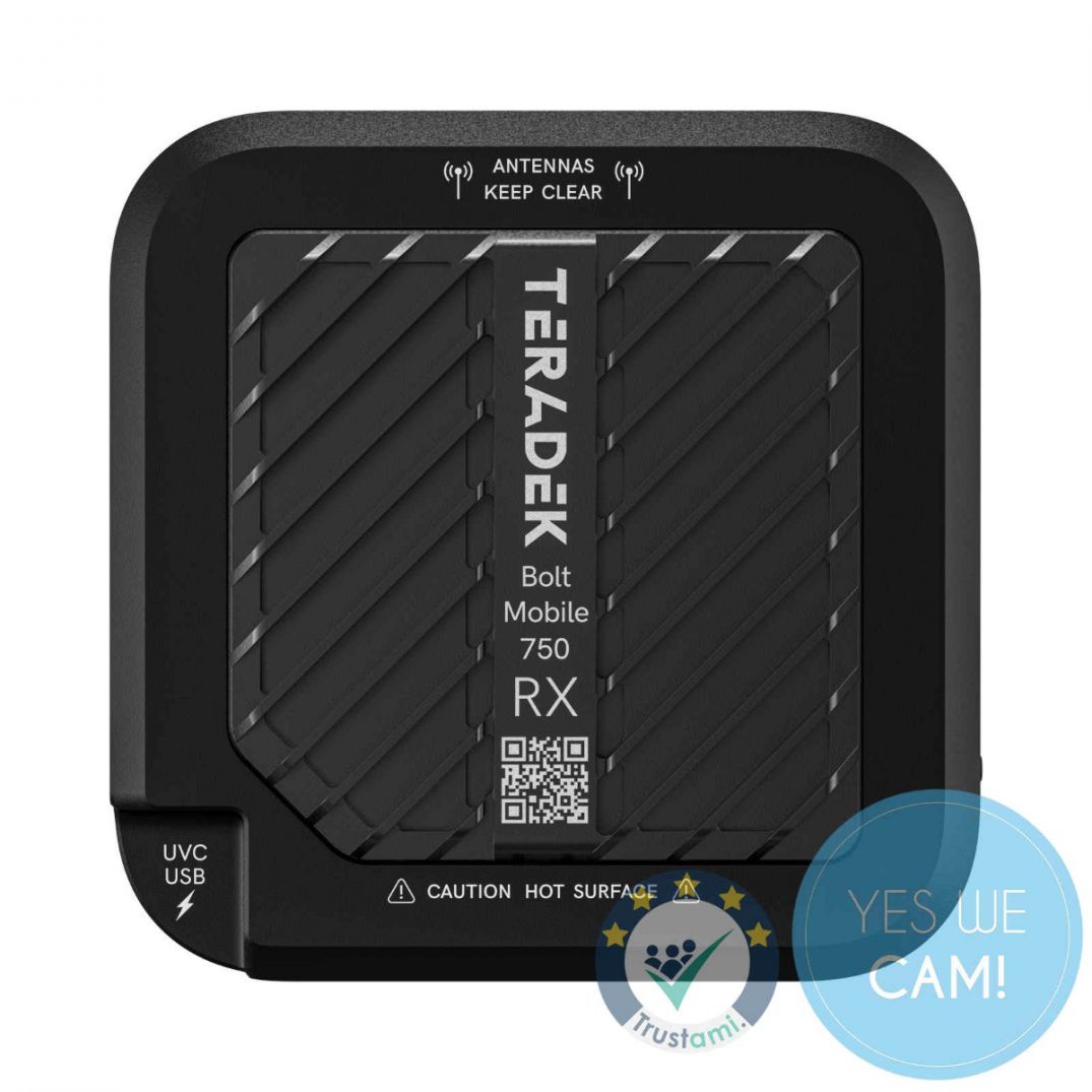 Teradek Bolt Mobile RX 750 Videoempfänger in Vorderansicht mit diagonalen Kühlrippen und Modellbeschriftung.