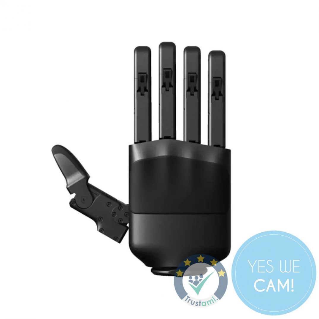 Unitree Dex5-1P Hand rechts in schwarzer Ausführung als präzise Roboterhand mit vier gestreckten Fingern und seitlich geöffnetem Daumen vor hellem Hintergrund