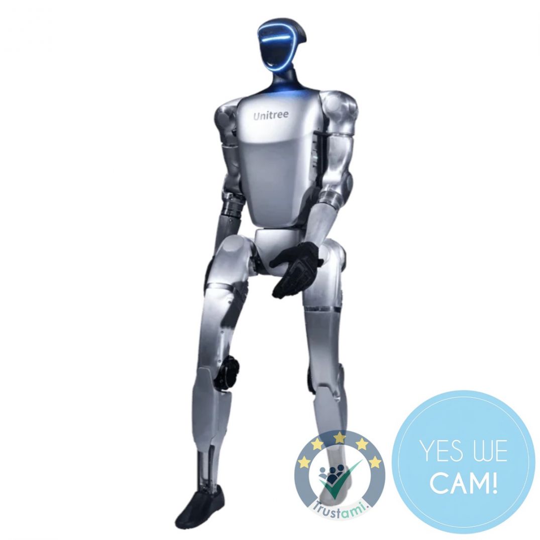 Humanoider Roboter Unitree G1 in aufrechter Frontansicht mit klarer Linienführung und kompakter Bauform für professionelle Robotik-Anwendungen.
