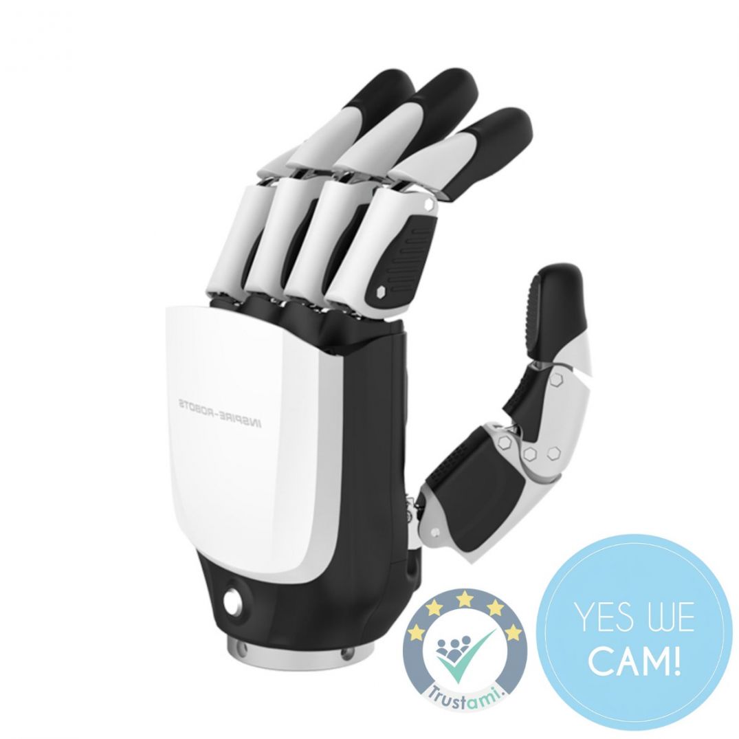 Unitree Inspire Robots Dexterous Robotic Hand RH56DFQ-2L links mit integriertem Handgelenk in Frontansicht mit fünf Fingern und schwarz-weißem Gehäusedesign.