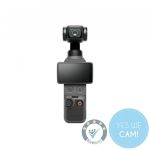 DJI Osmo Pocket 4 Gimbal-Kamera in der Frontansicht mit drehbarem Display und Bedientasten