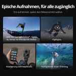 Funktionsübersicht der DJI Osmo 360 II mit Spotlight Follow beim Skifahren, Highlights, Smartphonebearbeitung und Smart Stitching.