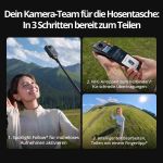 Drei Schritte mit der DJI Osmo 360 II: Aufnahme mit Spotlight Follow, Verbindung per NFC und intelligentes Bearbeiten und Teilen.