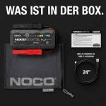 Lieferumfang des NOCO GBX55 Boost X mit Jump Starter, Aufbewahrungsbeutel, USB-Kabel und Bedienhinweisen
