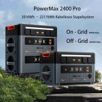 Oscal PowerMax 2400 Pro beim Solarladen auf der Terrasse mit angeschlossenen Solarpanels und Haushaltsgeräten