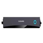 Sunshare Hybrid Inverter als schwarzer Glory Hybrid Wechselrichter in flacher Bauform mit blau beleuchtetem Ring auf der rechten Seite, freigestellt vor hellem Hintergrund