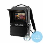Teradek Live Prism JetPack 8x 5G-Q V-Mount mit 7-Zoll-Monitor und aufgeklapptem Sonnenschutz