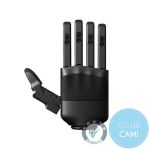 Unitree Dex5-1P Hand rechts in schwarzer Ausführung als präzise Roboterhand mit vier gestreckten Fingern und seitlich geöffnetem Daumen vor hellem Hintergrund