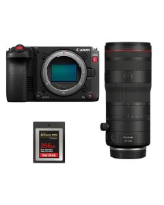 Canon EOS C50 Filmmaker-Bundle mit Canon RF 70-200mm F2.8 L IS USM Z Telezoom und SanDisk Extreme PRO CFexpress Type B 256GB Speicherkarte, Produktansicht auf weißem Hintergrund