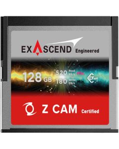 Exascend Cinema CFast 128GB CFast-2.0-Speicherkarte in Frontansicht mit 520 MB/s Read und 180 MB/s Write Angabe