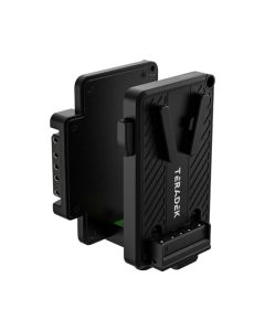 Teradek Battery Cradle RX V Mount Bolt 7 in Schrägansicht mit V Mount Akkuaufnahme.