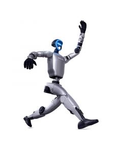 Unitree G1 EDU-U3 humanoider Roboter in laufender Bewegung mit erhobenem Arm, freigestellt auf weißem Hintergrund
