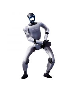 Unitree G1 U5 humanoider Roboter in breiter Standpose mit vor dem Körper geführten Händen, freigestellt auf weißem Hintergrund