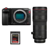 Canon EOS C50 Filmmaker-Bundle mit Canon RF 70-200mm F2.8 L IS USM Z Telezoom und SanDisk Extreme PRO CFexpress Type B 256GB Speicherkarte, Produktansicht auf weißem Hintergrund